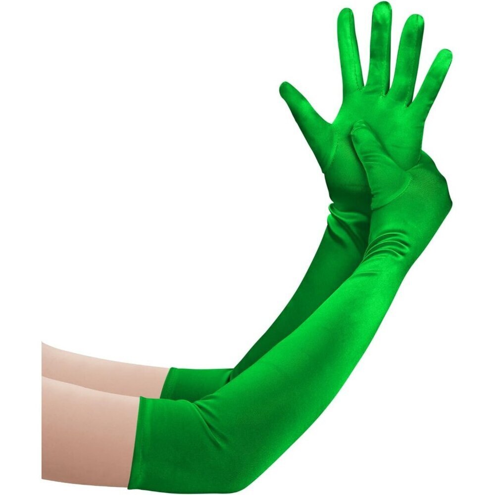 Women's Green Long Satin Opera Fabric Gloves Party Tea Stretchy Elbow Length